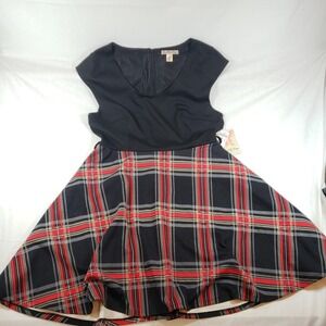 Love By Design Dress Womens XL Black Red Plaid Belted Fit‎ Flare Cap Sleeve NWT